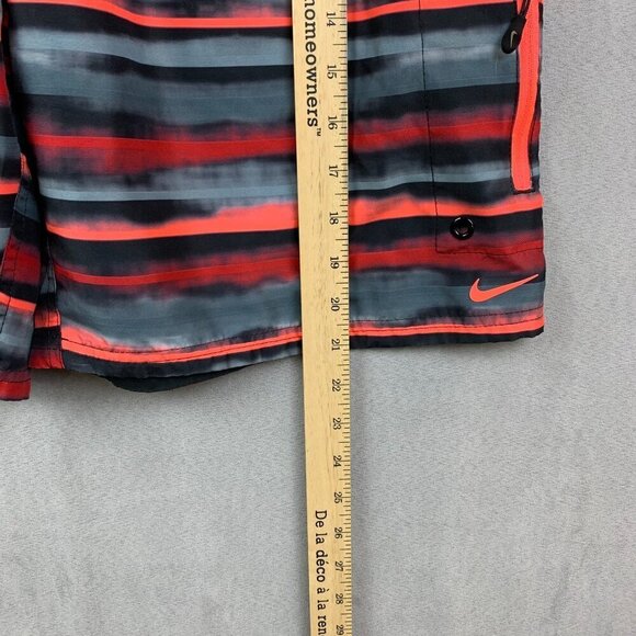 Nike Mens Swim Trunks Medium Red Gray Striped Shorts Orange Mesh Lined Pockets - Picture 7 of 11